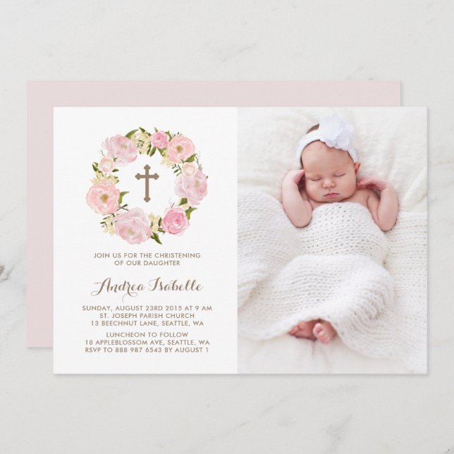 Watercolor Blush Pink Peony Wreath Christening Invitation (Front/Back)