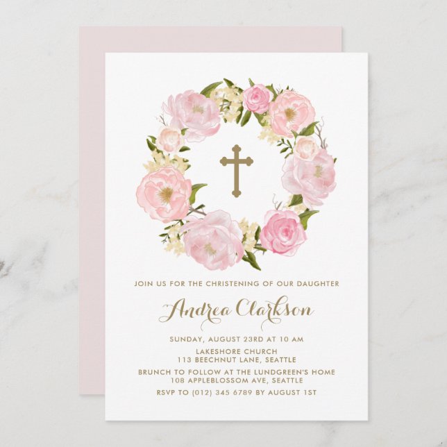 Watercolor Blush Pink Peony Wreath Christening Invitation (Front/Back)