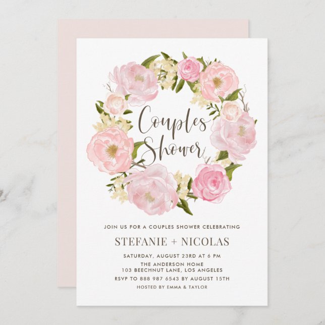 Watercolor Blush Pink Peony Wreath Couples Shower Invitation (Front/Back)