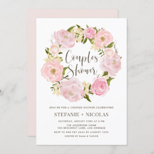 Watercolor Blush Pink Peony Wreath Couples Shower Invitation