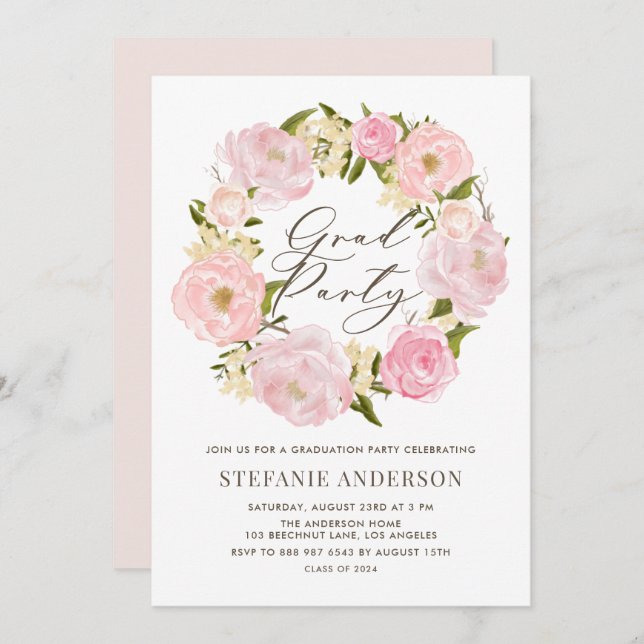 Watercolor Blush Pink Peony Wreath Graduation Invitation (Front/Back)