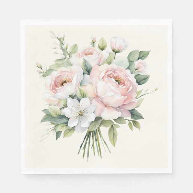 Watercolor Blush Pink Rose Bouquet Napkin (Front)