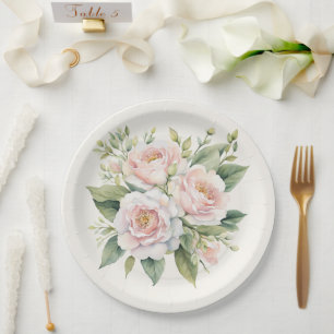 Watercolor Blush Pink Rose Bouquet Paper Plate