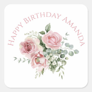 Watercolor Blush Pink Rose Pattern Square Sticker