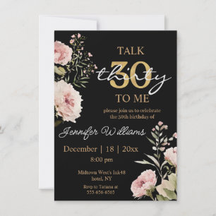 watercolor blush pink roses 30th birthday black invitation