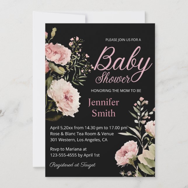 watercolor blush pink roses girl baby shower black invitation (Front)