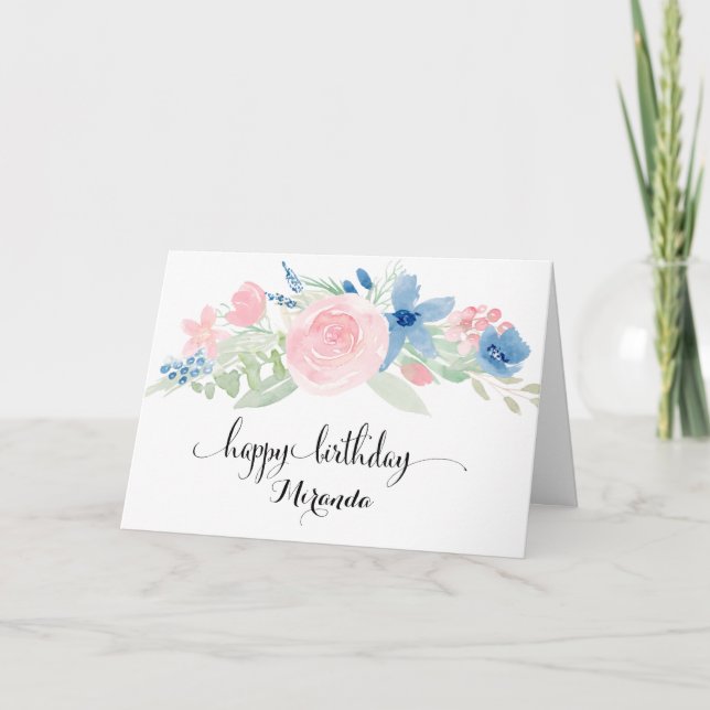 Watercolor Blush Pink Roses Happy Birthday Card (Front)