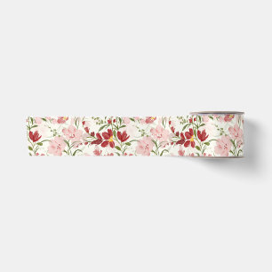 Watercolor Blush Pink & Ruby Red Romantic Floral Satin Ribbon
