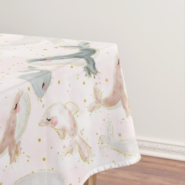 Watercolor Blush Pink Whale Dolphin Ocean Sea Girl Tablecloth (In Situ)