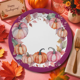 Watercolor Blush Pumpkins Berry Leaf Frame Design Paper Plate