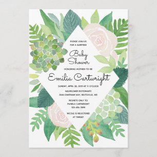 Watercolor Blush Rose and Succulent Baby Shower Invitation