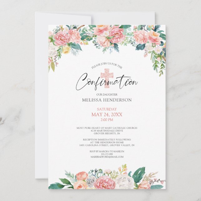 Watercolor Blush Rose Floral Cross Confirmation Invitation (Front)