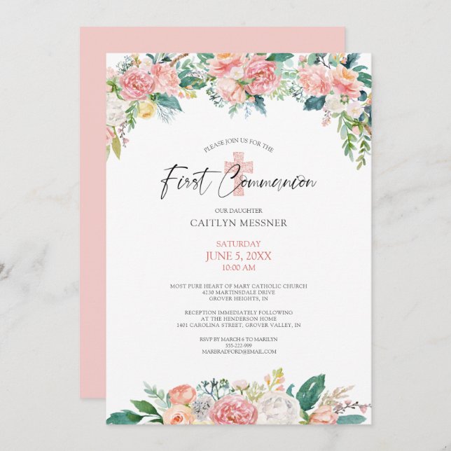 Watercolor Blush Rose Floral Cross First Communion Invitation (Front/Back)