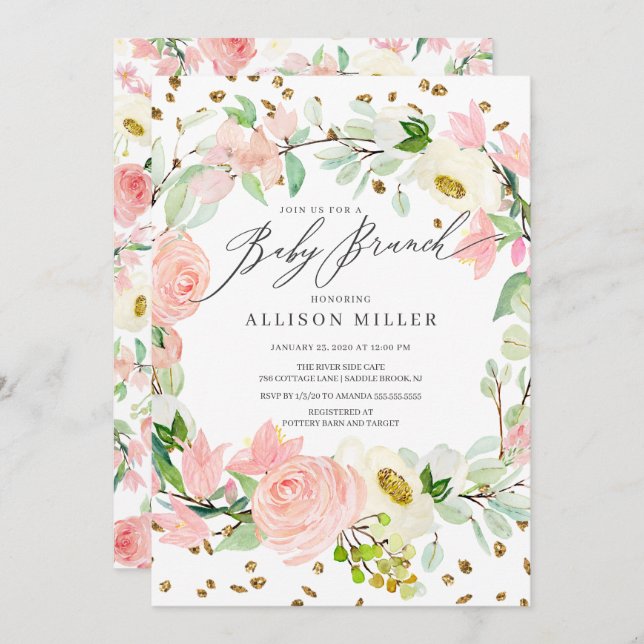 Watercolor Blush Rose Peonies Floral Baby Brunch Invitation (Front/Back)