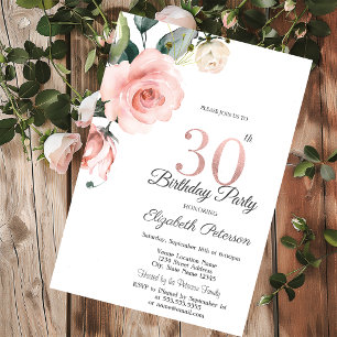 Watercolor Blush Roses 30th Birthday Invitation