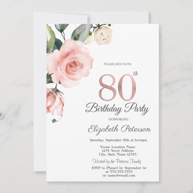 Watercolor Blush Roses 80th Birthday Invitation (Front)