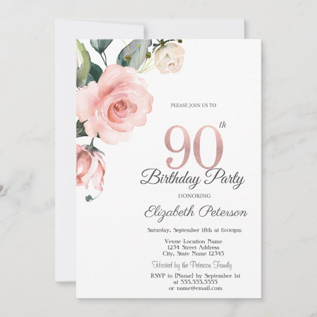 Watercolor Blush Roses 90th Birthday Invitation (Front)