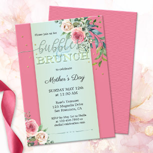 Watercolor Blush Roses Bubbles and Brunch Invitation