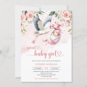 Watercolor blush roses cute stork baby girl invitation