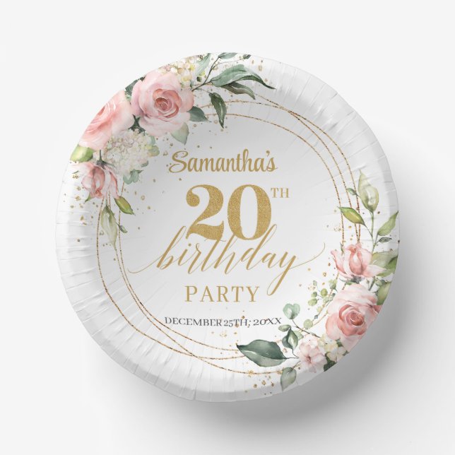 Watercolor Blush roses eucalyptus gold 20 birthday Paper Plate (Front)