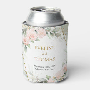 Watercolor Blush roses eucalyptus gold wedding Can Cooler