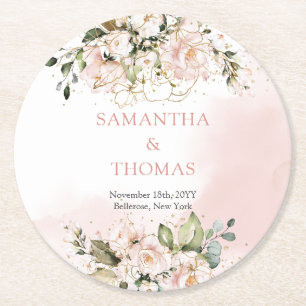Watercolor Blush roses eucalyptus gold wedding Round Paper Coaster