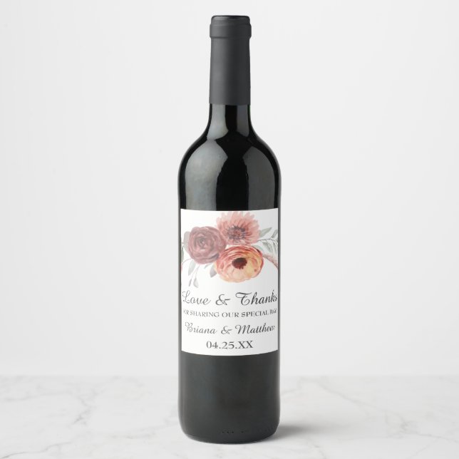 Watercolor Blush Rust Floral Wedding Wine Label (Front)