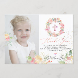 Watercolor Blushing Roses Communion Thank You Invitation