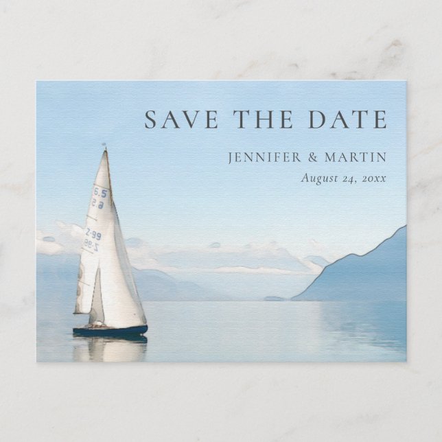 Watercolor Boat Lake Save The Date Postcards (Front)