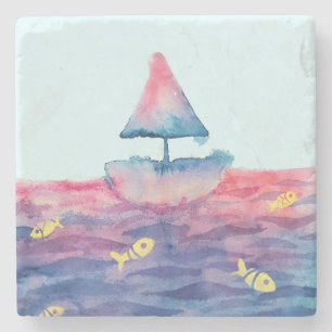 Watercolor Boat Stone Coaster