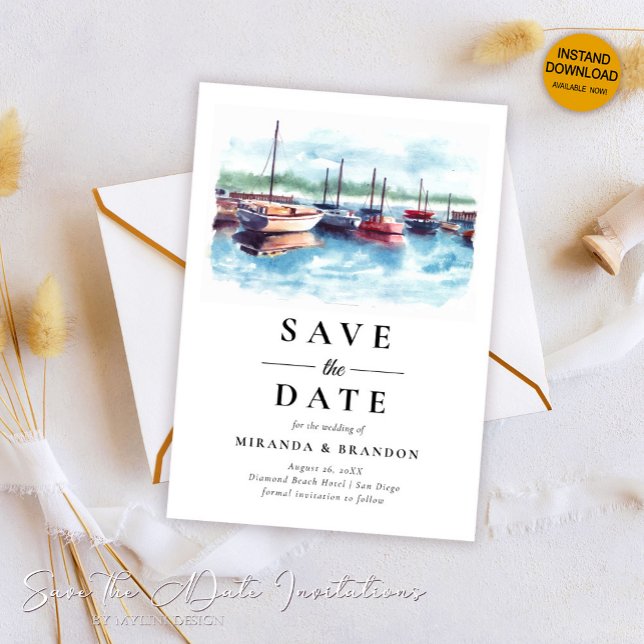 Watercolor Boat Wedding Save the Date Card (Creator Uploaded)
