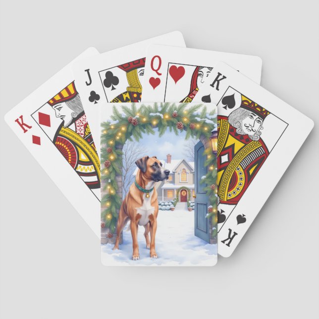 Watercolor Boerboel Farmhouse Gate Christmas Playing Cards (Back)