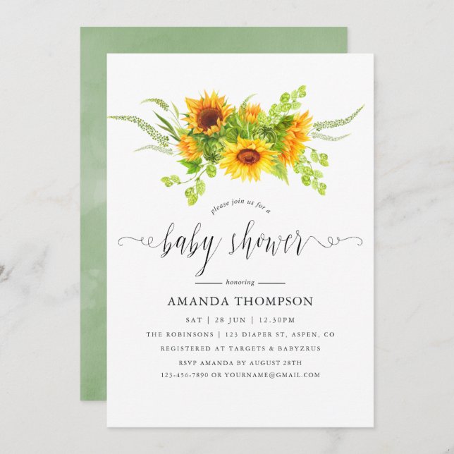 Watercolor Bohemian Boho Sunflowers Baby Shower Invitation (Front/Back)