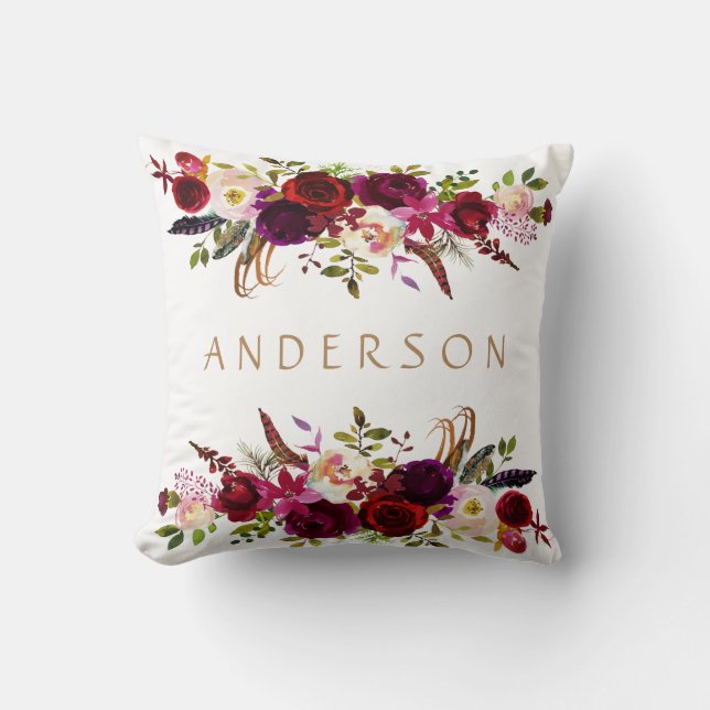 Watercolor Bohemian Floral Burgundy Marsala White Cushion (Front)