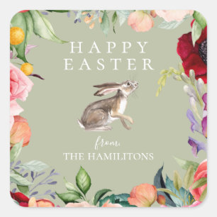 Watercolor Bohemian Floral Easter Bunny Square Sticker