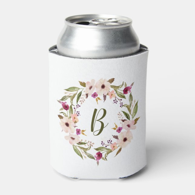 Watercolor Bohemian Floral Wreath Monogram Can Cooler (Can Front)