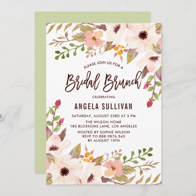Watercolor Bohemian Flowers Bridal Brunch Invitation (Front/Back)