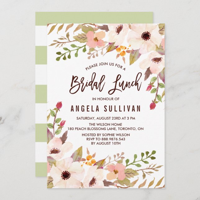 Watercolor Bohemian Flowers Bridal Lunch Invitation (Front/Back)