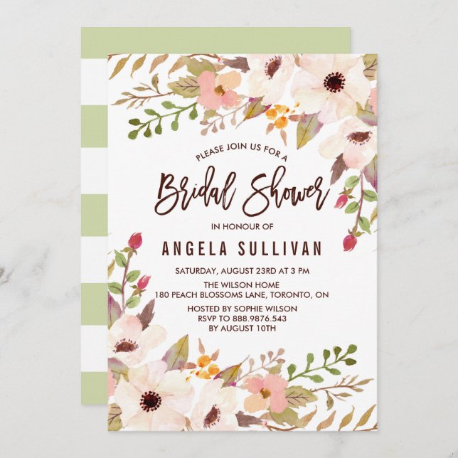 Watercolor Bohemian Flowers Bridal Shower Invitation (Front/Back)