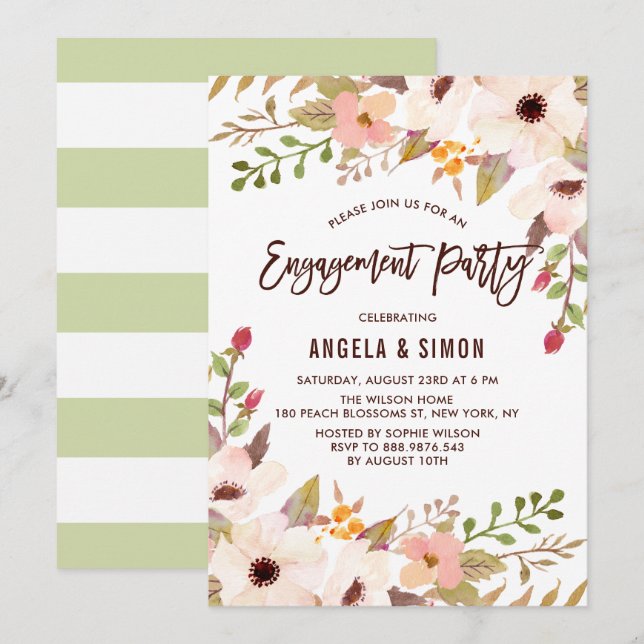 Watercolor Bohemian Flowers Engagement Party Invitation (Front/Back)