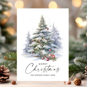 Watercolor Bohemian Neutral Blue Christmas Tree Holiday Card