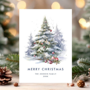 Watercolor Bohemian Neutral Blue Christmas Tree Holiday Card