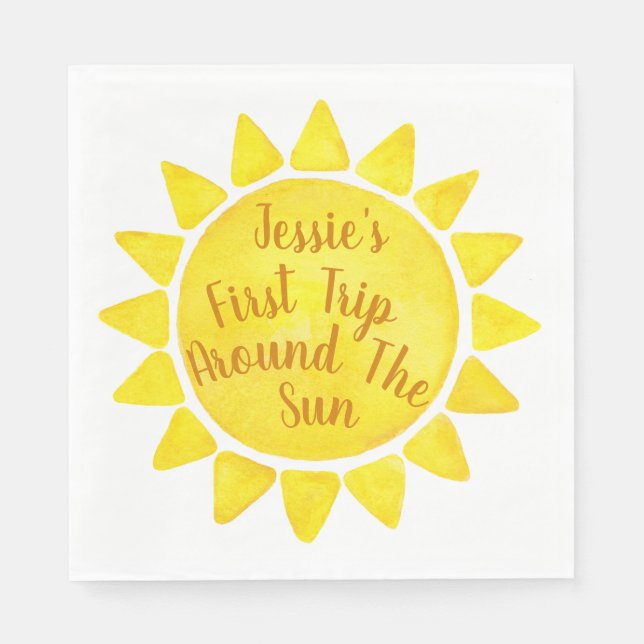 Watercolor Boho 1st Birthday Napkins – First Trip  (Front)