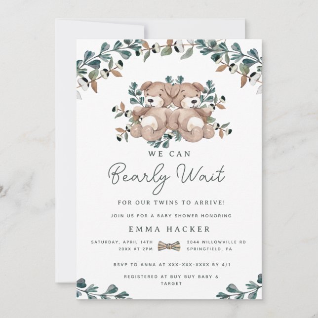 Watercolor Boho Bear Gender Neutral Twins Shower  Invitation (Front)