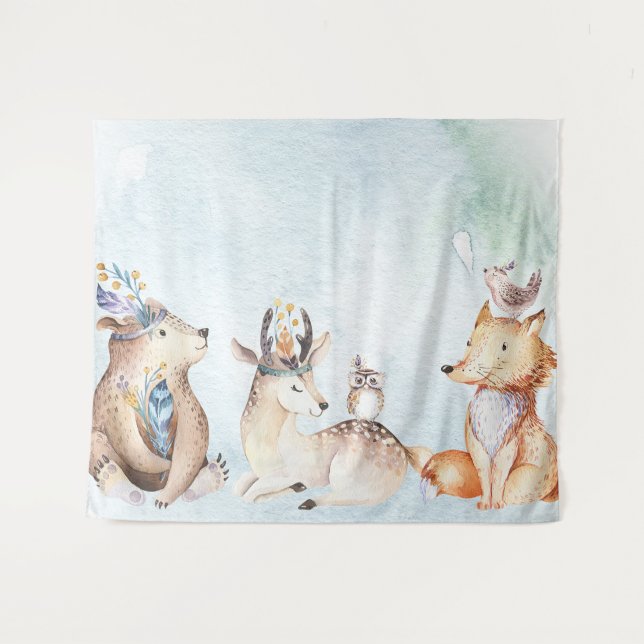 Watercolor Boho Bear Rustic Animals Party Backdrop Tapestry (Front (Horizontal))