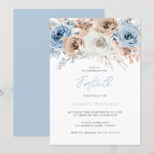 Watercolor Boho Blue Floral 40th Birthday Invitation