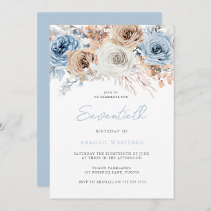 Watercolor Boho Blue Floral 70th Birthday Party Invitation