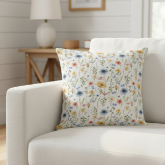 Watercolor Boho Blue Yellow Pink Wildflower Cushion
