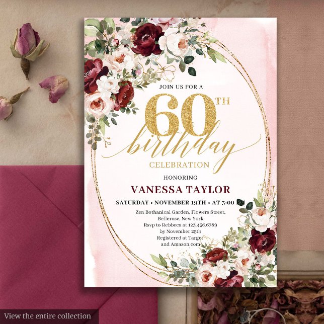 Watercolor Boho Blush Burgundy 60th Birthday Card (Watercolor Boho Blush Burgundy 60th Birthday)