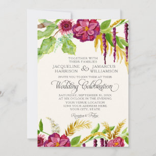 Watercolor Boho Bohemian Burgundy Rose Floral Fall Invitation